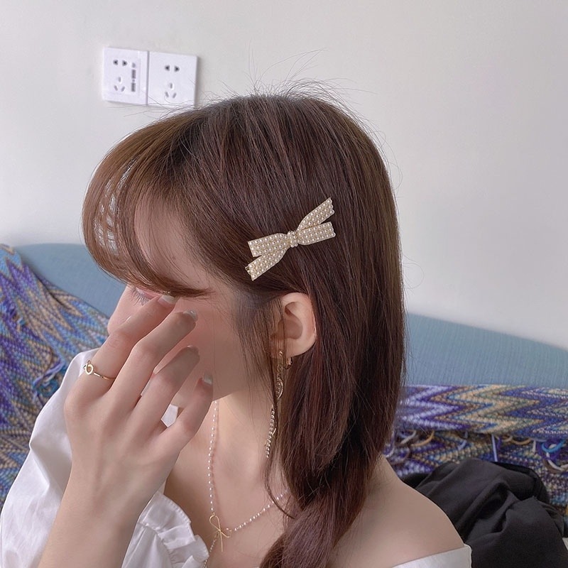 🎀台灣現貨🌿韓版ins網紅同款珍珠蝴蝶結髮夾 劉海交叉髮夾 日韓少女側邊夾 一字夾 鴨嘴夾-細節圖6