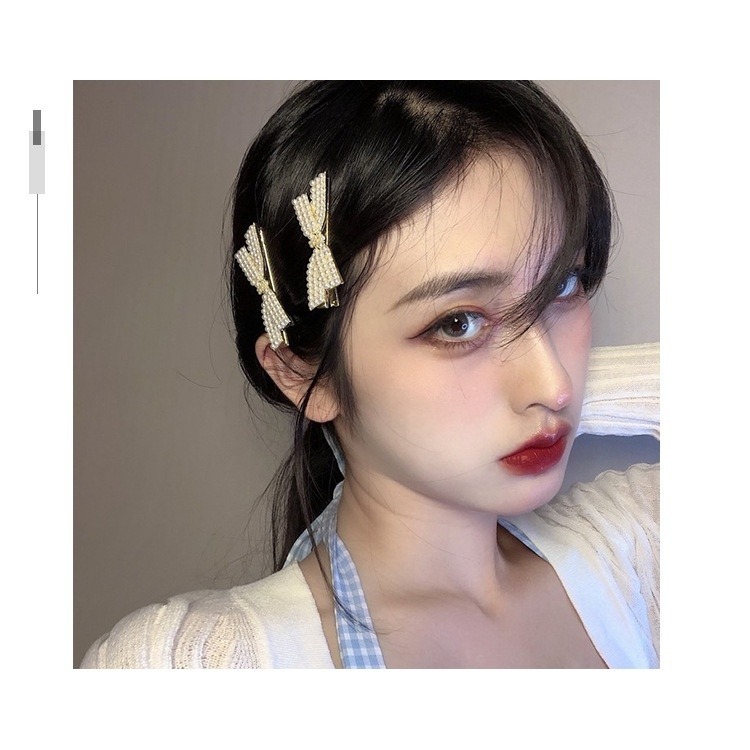 🎀台灣現貨🌿韓版ins網紅同款珍珠蝴蝶結髮夾 劉海交叉髮夾 日韓少女側邊夾 一字夾 鴨嘴夾-細節圖7
