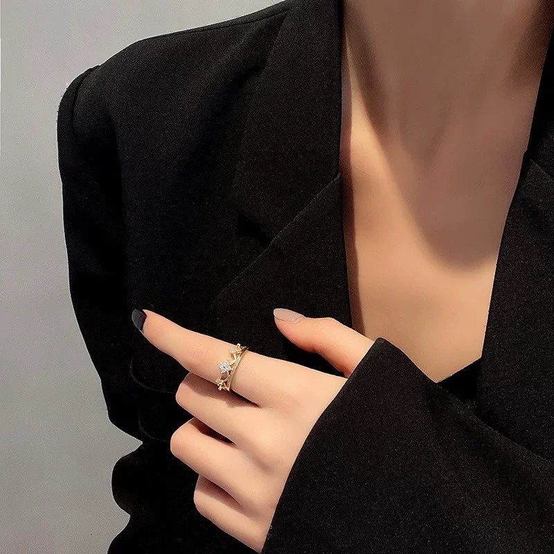 💍台灣現貨🌿韓版皇冠鋯石戒指 ins潮小眾設計指環 食指戒可調節開口高級感手飾【O86】-細節圖7