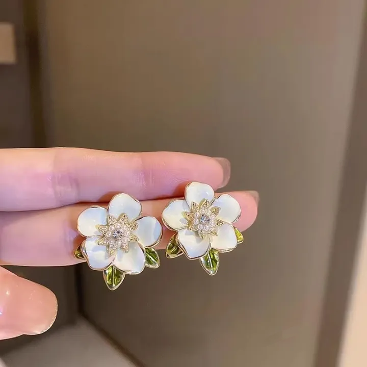 💖台灣現貨🌿韓國花朵滴油珍珠耳環 S925銀針 氣質甜美清新珍珠水鑽耳環 耳飾【G583】-細節圖5