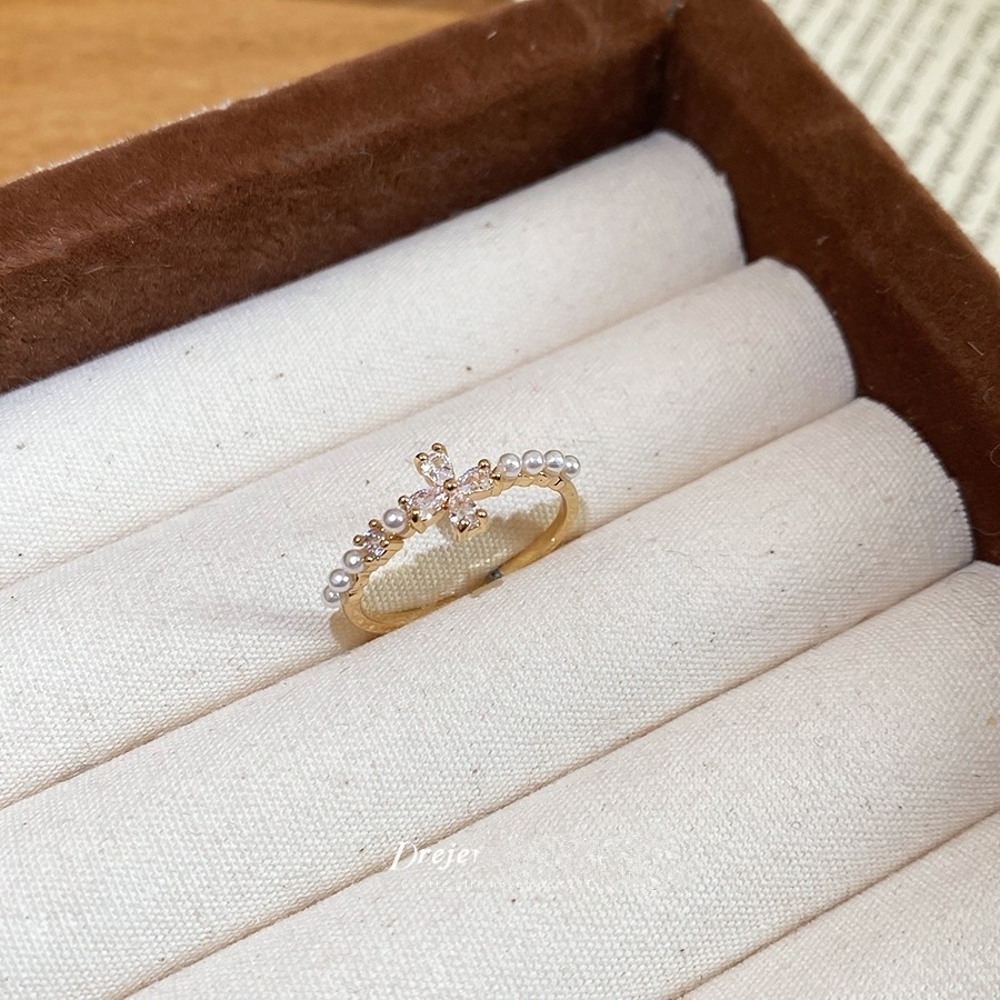 💍台灣現貨🌿韓系極細鋯石珍珠戒指 ~小花朵甜美超閃 ins網紅開口百搭可調節戒指 指環【O87】-細節圖2