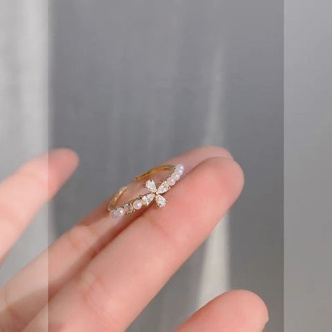 💍台灣現貨🌿韓系極細鋯石珍珠戒指 ~小花朵甜美超閃 ins網紅開口百搭可調節戒指 指環【O87】-細節圖4