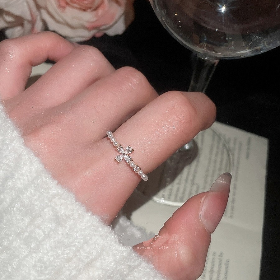 💍台灣現貨🌿韓系極細鋯石珍珠戒指 ~小花朵甜美超閃 ins網紅開口百搭可調節戒指 指環【O87】-細節圖5