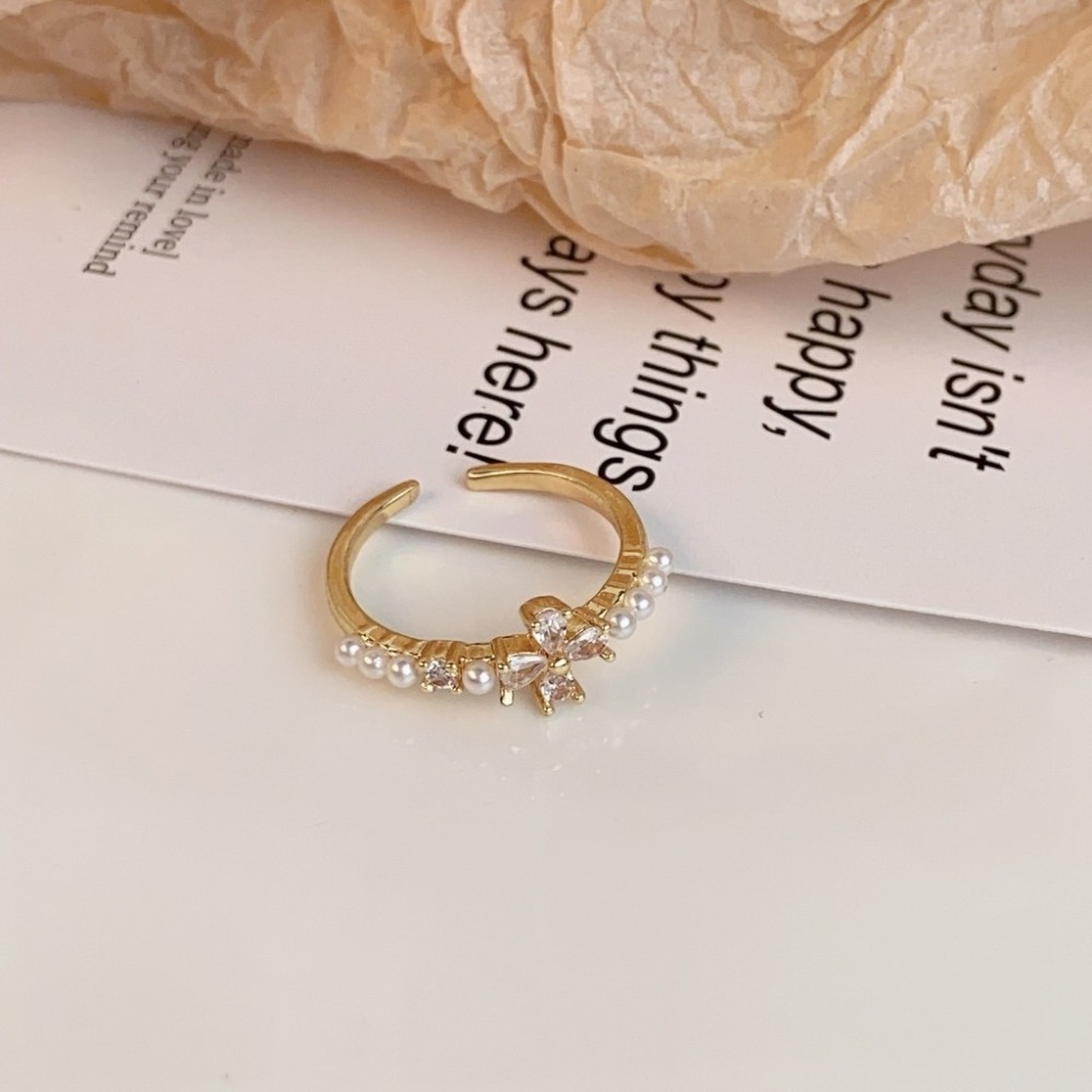 💍台灣現貨🌿韓系極細鋯石珍珠戒指 ~小花朵甜美超閃 ins網紅開口百搭可調節戒指 指環【O87】-細節圖6