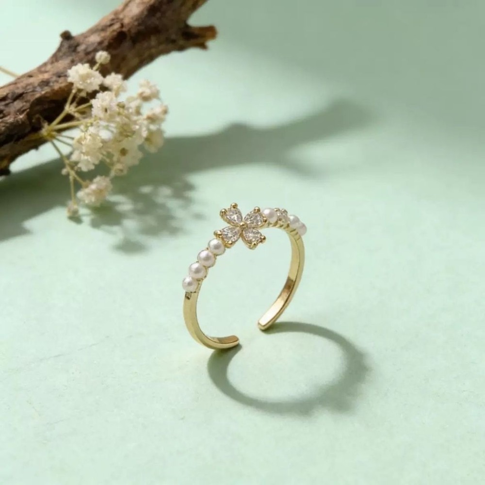 💍台灣現貨🌿韓系極細鋯石珍珠戒指 ~小花朵甜美超閃 ins網紅開口百搭可調節戒指 指環【O87】-細節圖9