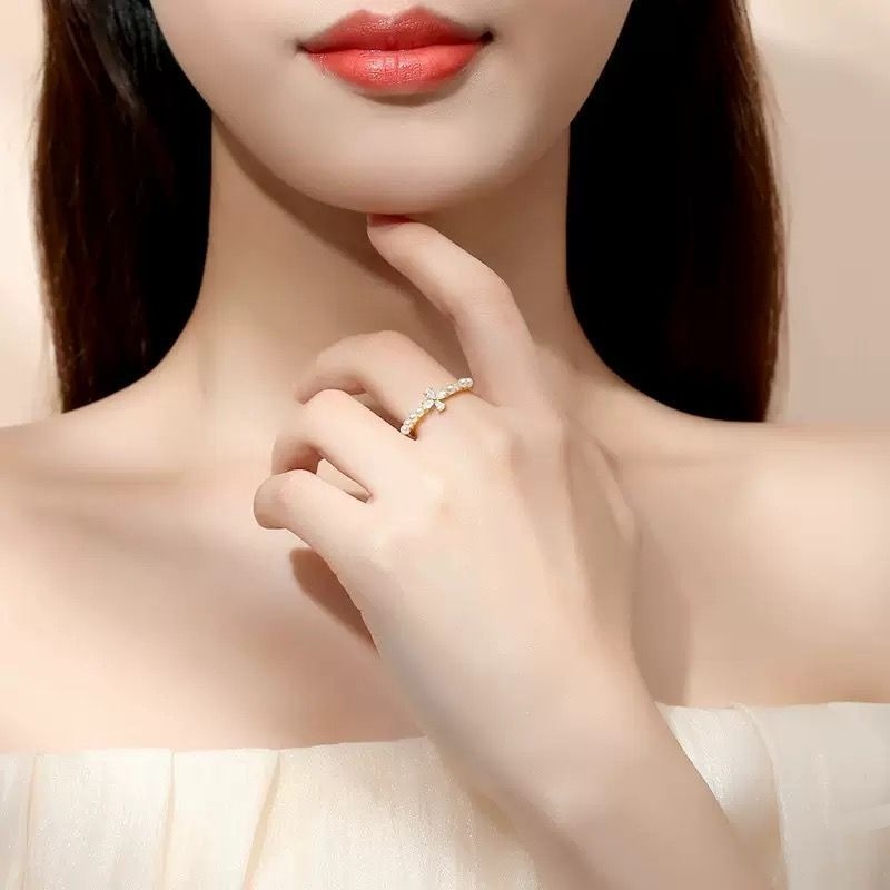 💍台灣現貨🌿韓系極細鋯石珍珠戒指 ~小花朵甜美超閃 ins網紅開口百搭可調節戒指 指環【O87】-細節圖10