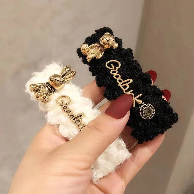 ✨台灣現貨🌿小香風~兔子毛線BB夾 日系質感白色兔子側邊夾毛絨BB夾 後腦勺碎髮夾【Y34】-細節圖5