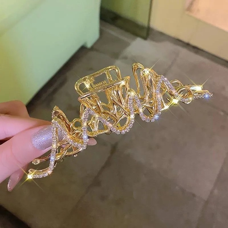 ✨台灣現貨🌿金屬液態幾何波浪水鑽抓夾 韓版ins閃亮大號盤髮夾 鯊魚夾 馬尾夾【M143】-細節圖7