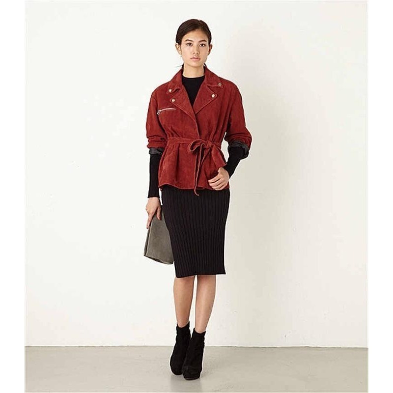 ［全新］日本品牌Sly 新款麂皮皮衣騎士外套洗舊感磚紅酒紅色m號保暖顯瘦短大衣寬鬆版型 oversize-細節圖2