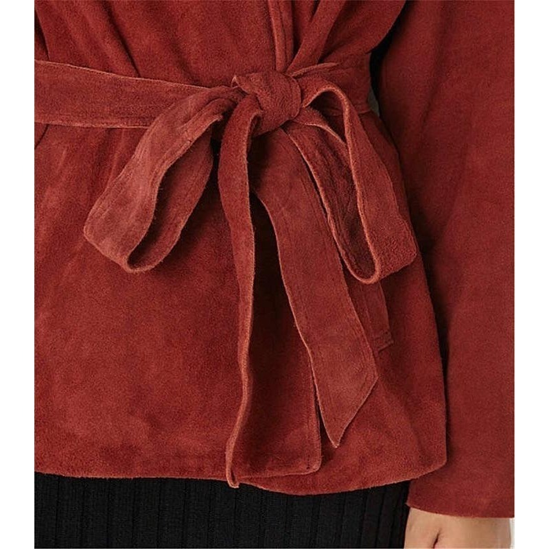 ［全新］日本品牌Sly 新款麂皮皮衣騎士外套洗舊感磚紅酒紅色m號保暖顯瘦短大衣寬鬆版型 oversize-細節圖3