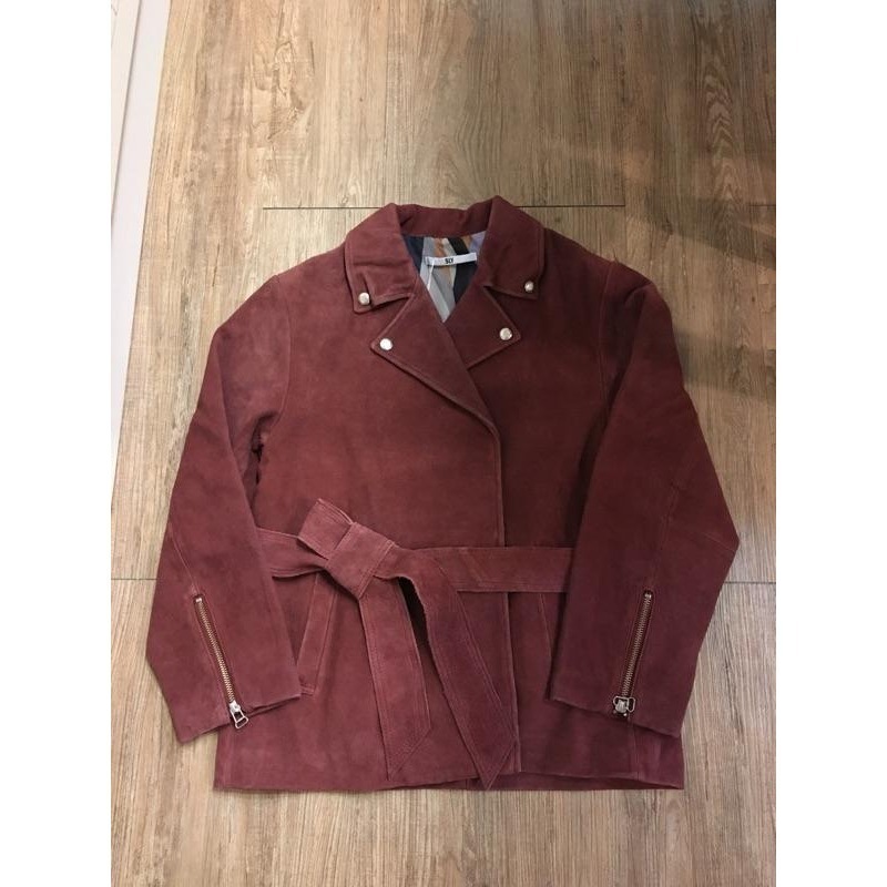 ［全新］日本品牌Sly 新款麂皮皮衣騎士外套洗舊感磚紅酒紅色m號保暖顯瘦短大衣寬鬆版型 oversize-細節圖5