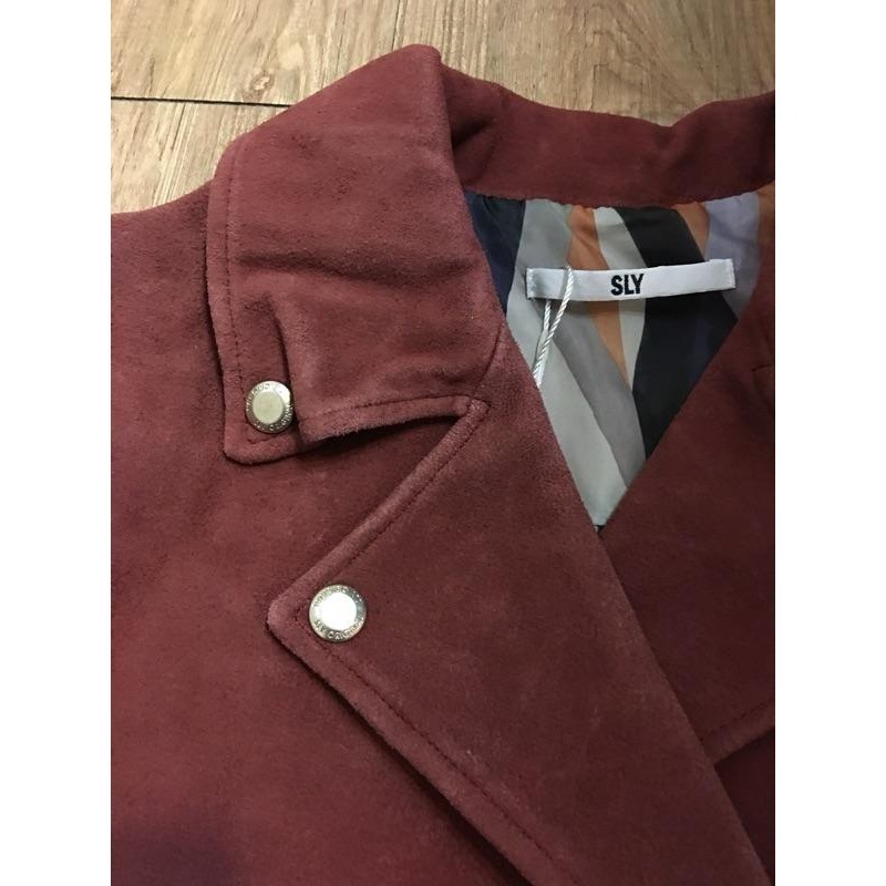 ［全新］日本品牌Sly 新款麂皮皮衣騎士外套洗舊感磚紅酒紅色m號保暖顯瘦短大衣寬鬆版型 oversize-細節圖6