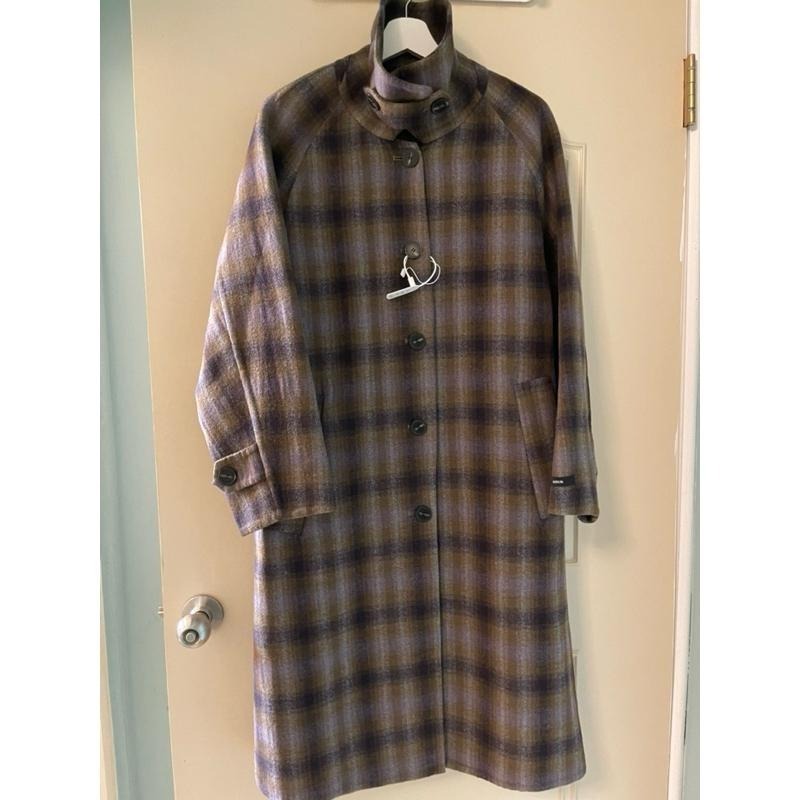 ［全新］韓系氣質 紫咖配色 復古寬鬆休閒百搭 單排扣過膝長款格紋羊毛雙面呢 毛呢大衣  free size-細節圖3