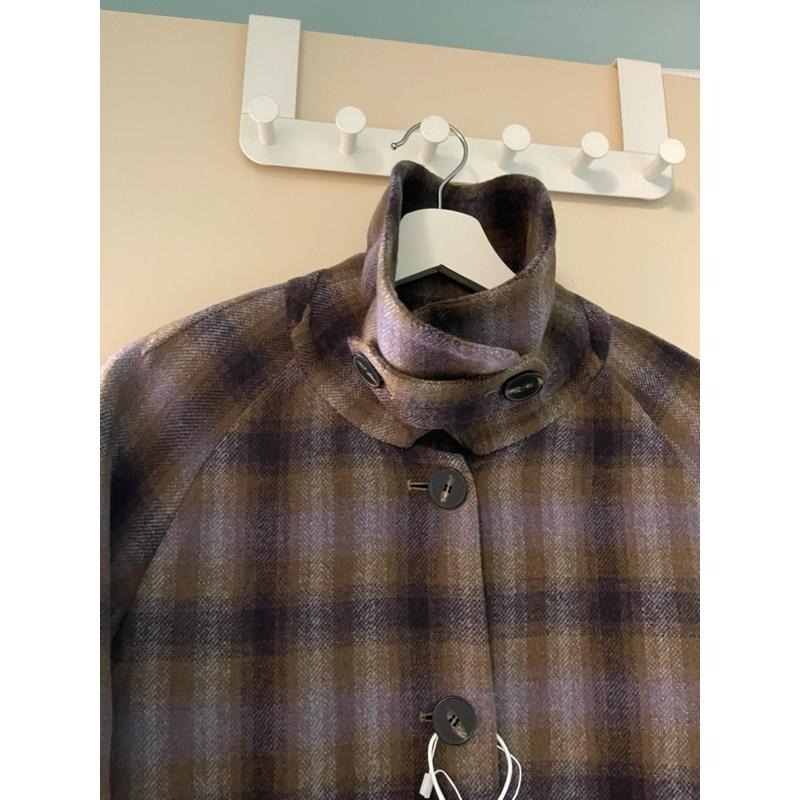 ［全新］韓系氣質 紫咖配色 復古寬鬆休閒百搭 單排扣過膝長款格紋羊毛雙面呢 毛呢大衣  free size-細節圖4