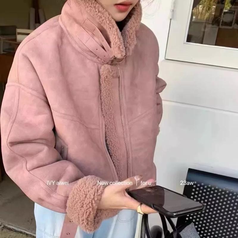 ［全新］粉色立領羊羔毛 搖粒絨機車外套 M號 高級感小個子寬鬆版型短款皮毛一體外套-細節圖2