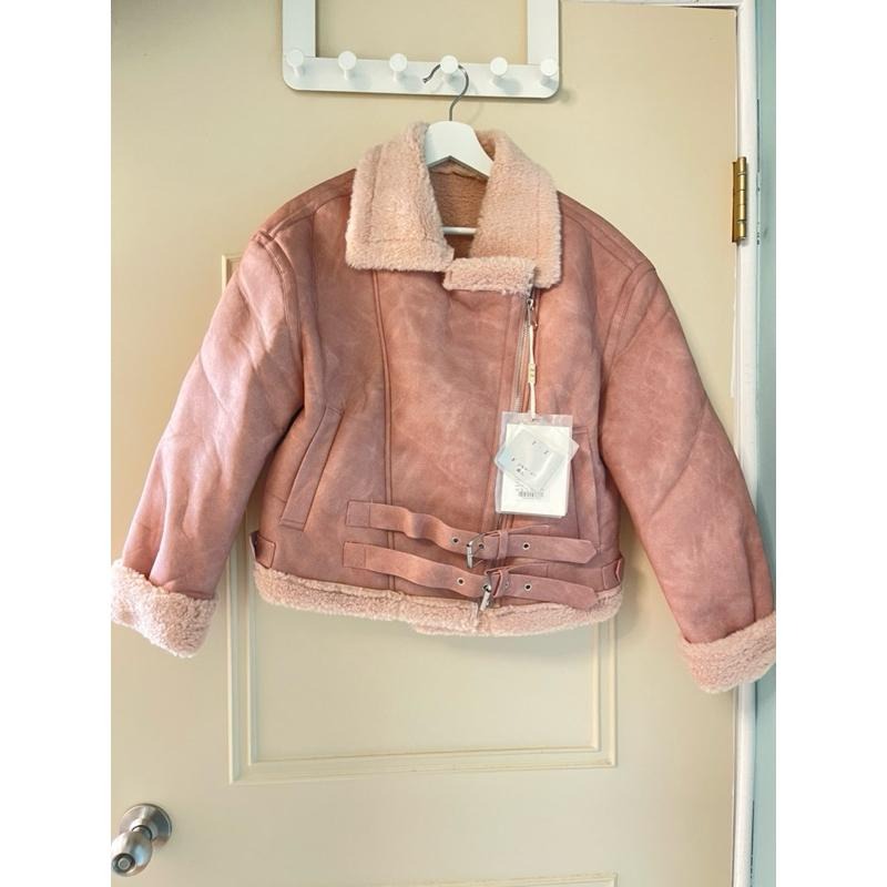 ［全新］粉色立領羊羔毛 搖粒絨機車外套 M號 高級感小個子寬鬆版型短款皮毛一體外套-細節圖4
