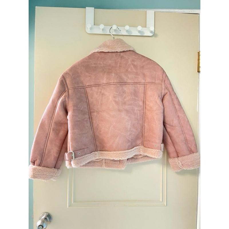 ［全新］粉色立領羊羔毛 搖粒絨機車外套 M號 高級感小個子寬鬆版型短款皮毛一體外套-細節圖7
