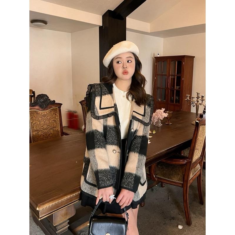 ［全新］韓系風格可愛顯瘦 荷葉滾邊海軍領格紋毛呢加厚 羽絨內裏 雙排扣短大衣 羽絨外套 free size-細節圖2