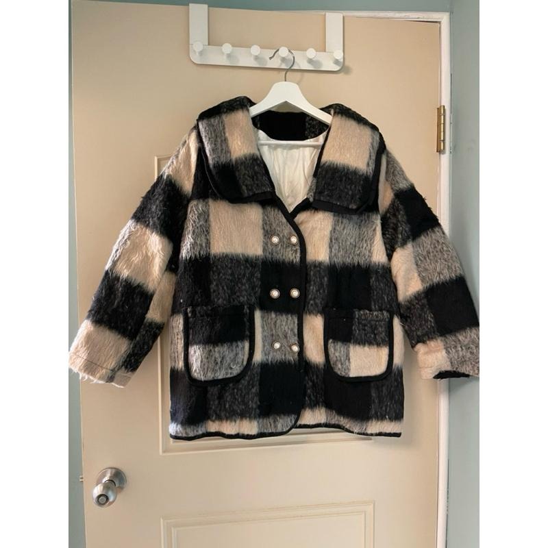 ［全新］韓系風格可愛顯瘦 荷葉滾邊海軍領格紋毛呢加厚 羽絨內裏 雙排扣短大衣 羽絨外套 free size-細節圖3