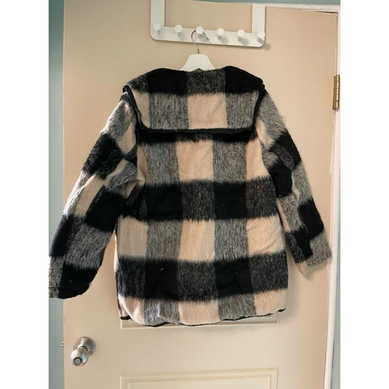 ［全新］韓系風格可愛顯瘦 荷葉滾邊海軍領格紋毛呢加厚 羽絨內裏 雙排扣短大衣 羽絨外套 free size-細節圖5