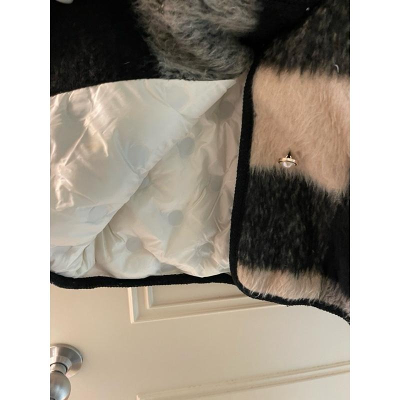 ［全新］韓系風格可愛顯瘦 荷葉滾邊海軍領格紋毛呢加厚 羽絨內裏 雙排扣短大衣 羽絨外套 free size-細節圖6