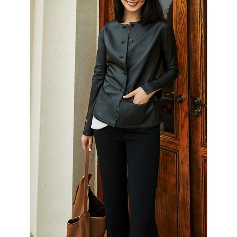 [全新］小眾設計感 韓系風格 柔軟輕量蛋白皮 圓領簡約袖開衩皮衣外套 修身百搭單排扣 高級大氣皮外套有彈性  L號-細節圖3
