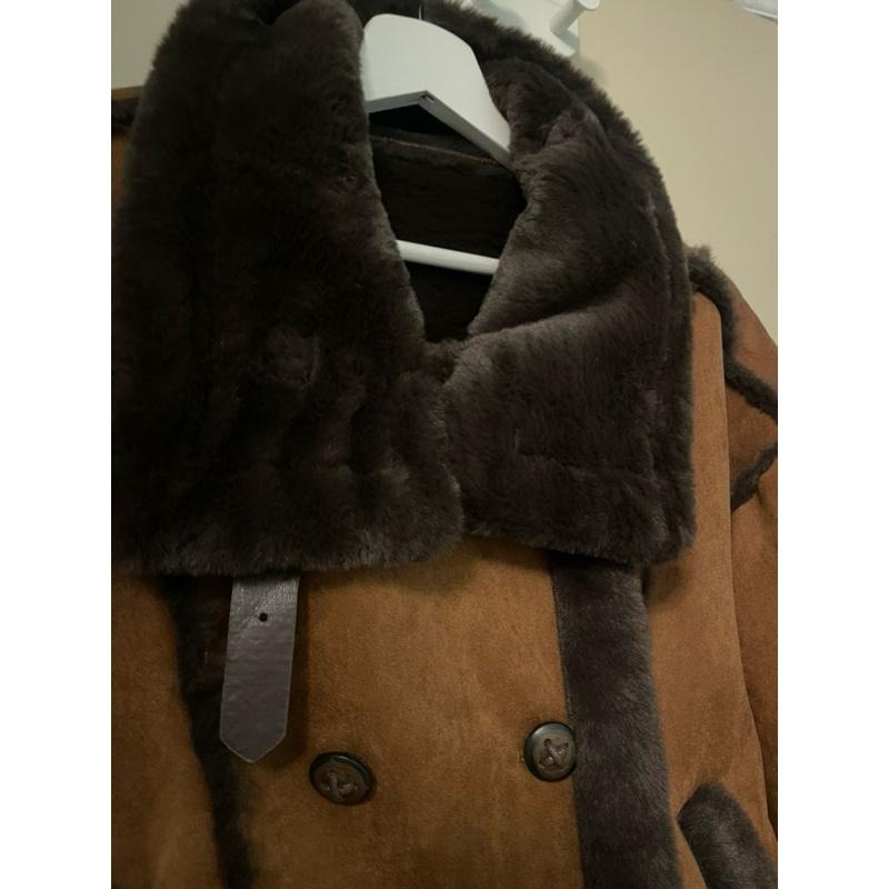 ［全新］超柔軟環保皮草 皮毛一體 騎士機車外套 L號 雙排扣寬鬆顯瘦高領 麂皮絨韓系帥氣-細節圖2