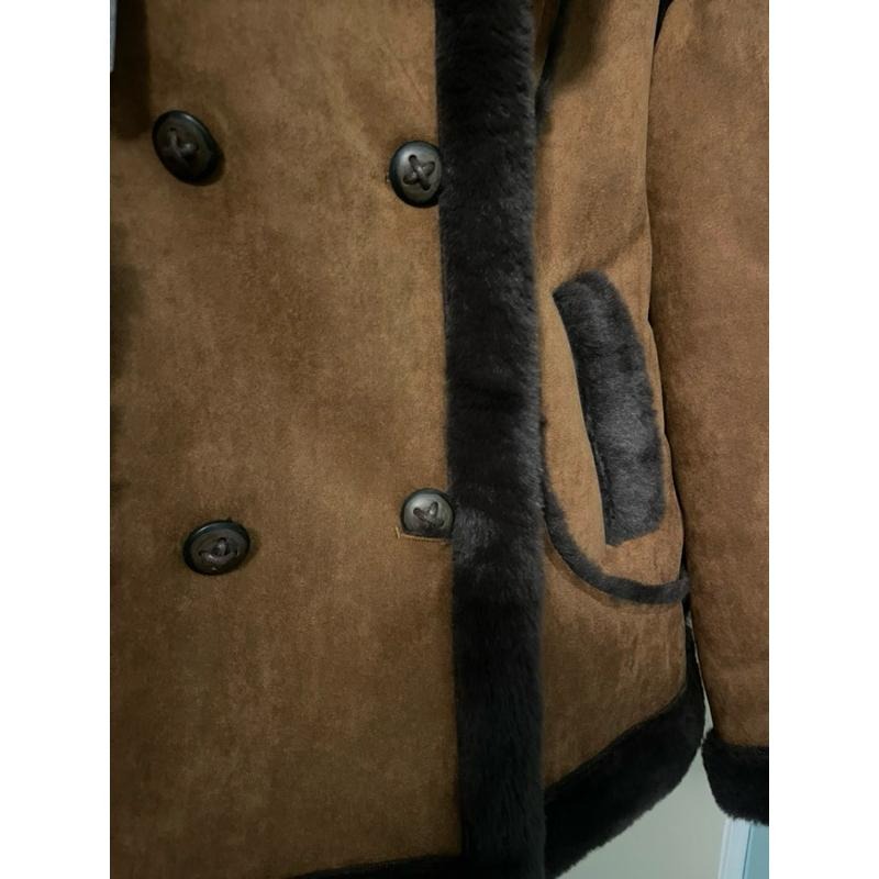 ［全新］超柔軟環保皮草 皮毛一體 騎士機車外套 L號 雙排扣寬鬆顯瘦高領 麂皮絨韓系帥氣-細節圖3