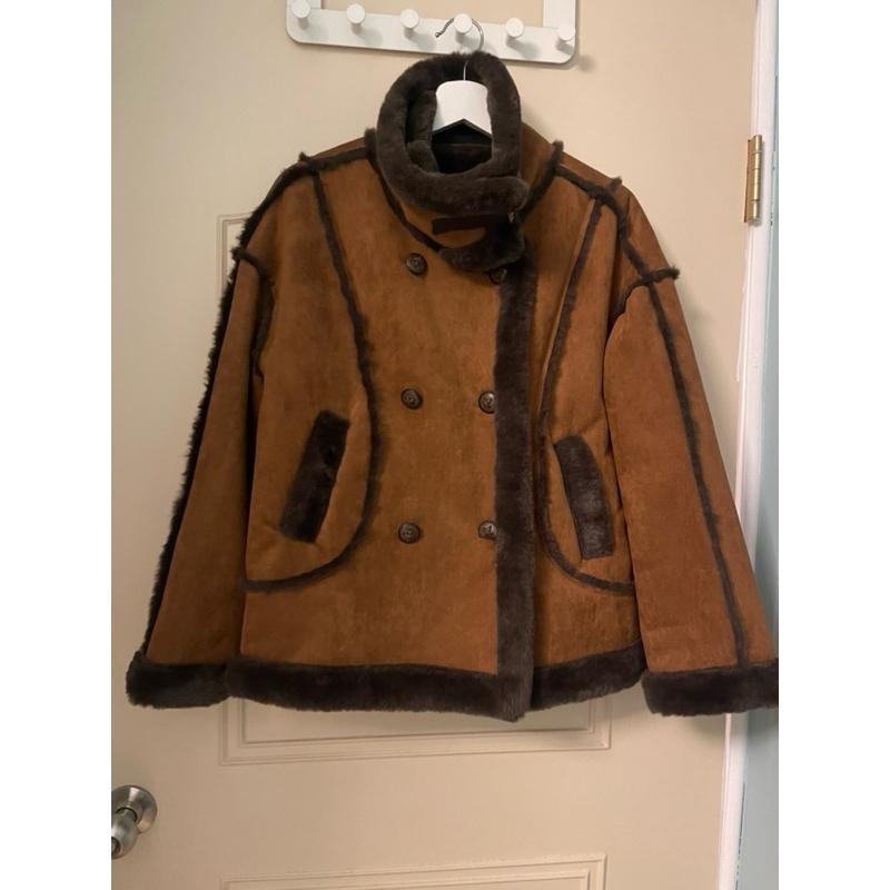 ［全新］超柔軟環保皮草 皮毛一體 騎士機車外套 L號 雙排扣寬鬆顯瘦高領 麂皮絨韓系帥氣-細節圖4