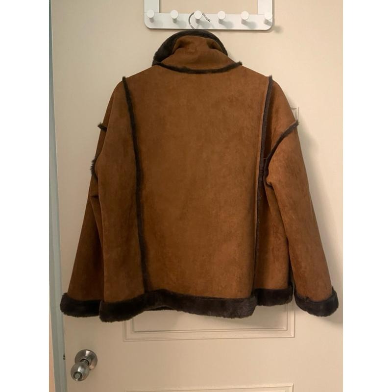 ［全新］超柔軟環保皮草 皮毛一體 騎士機車外套 L號 雙排扣寬鬆顯瘦高領 麂皮絨韓系帥氣-細節圖6