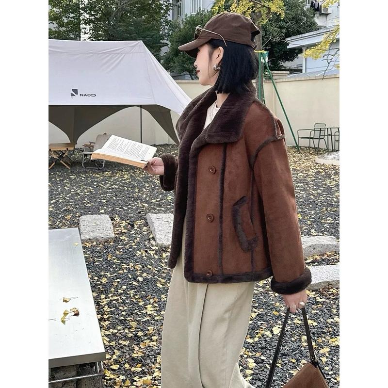 ［全新］超柔軟環保皮草 皮毛一體 騎士機車外套 L號 雙排扣寬鬆顯瘦高領 麂皮絨韓系帥氣-細節圖8