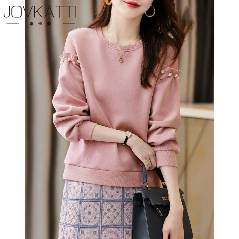 ［全新］ 韓版網紗拼接網紗露肩衛衣 設計感燈籠袖粉紅色休閒上衣 大學T-細節圖2