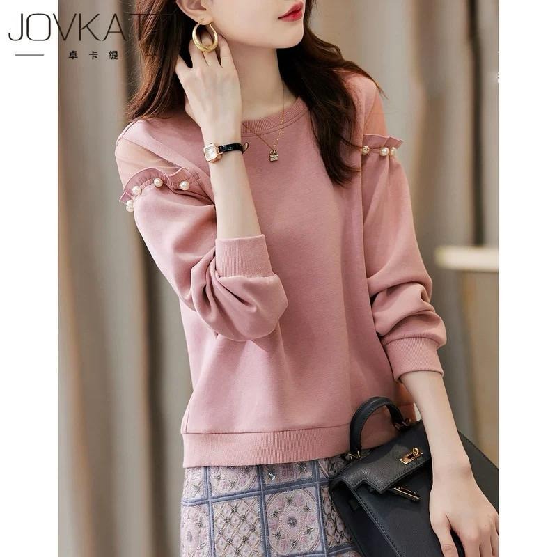 ［全新］ 韓版網紗拼接網紗露肩衛衣 設計感燈籠袖粉紅色休閒上衣 大學T-細節圖3