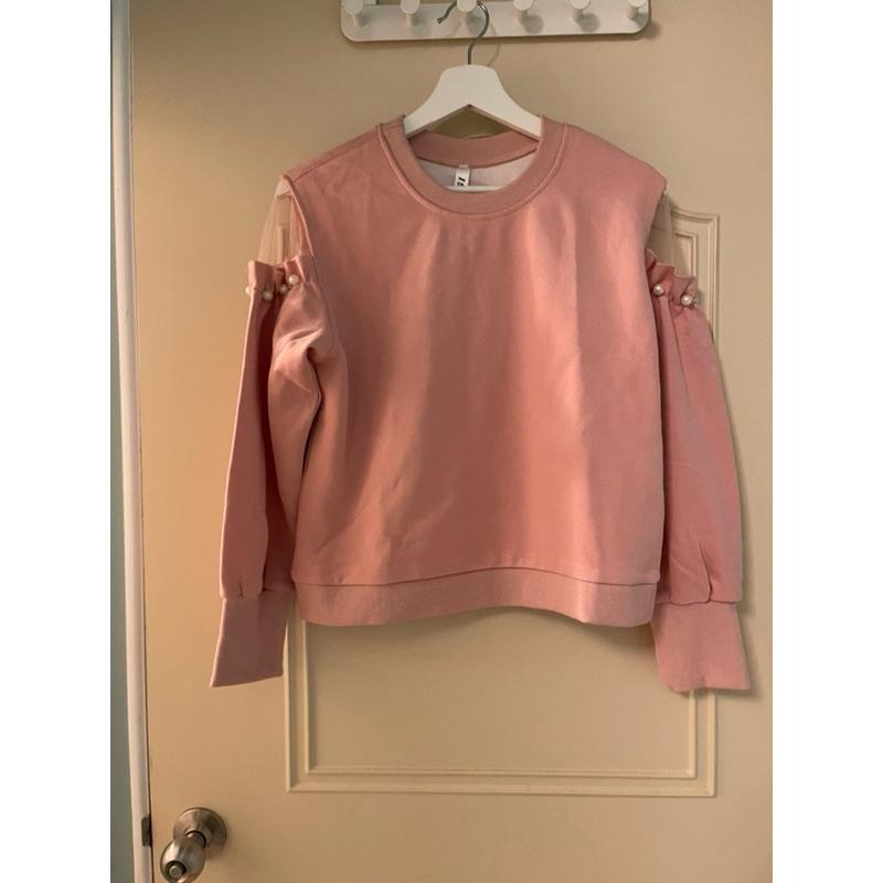 ［全新］ 韓版網紗拼接網紗露肩衛衣 設計感燈籠袖粉紅色休閒上衣 大學T-細節圖4