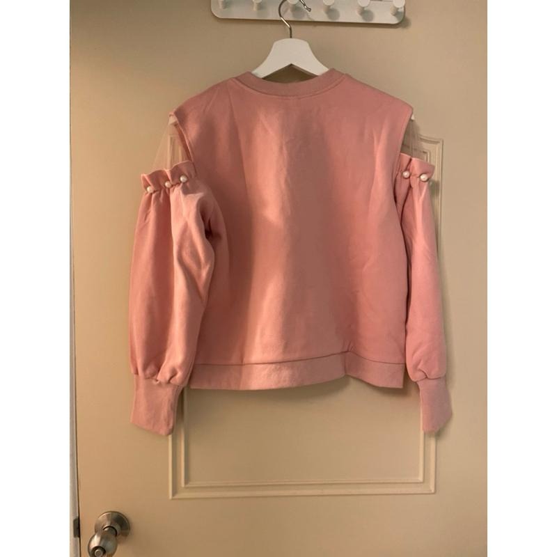 ［全新］ 韓版網紗拼接網紗露肩衛衣 設計感燈籠袖粉紅色休閒上衣 大學T-細節圖5