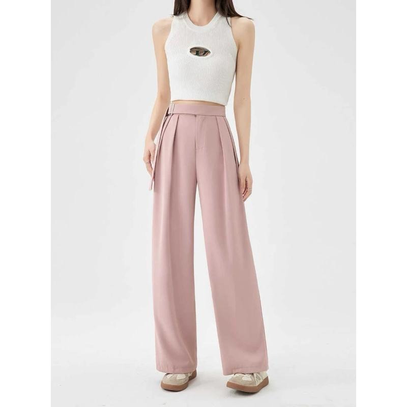 ［全新現貨］設計師感淺粉色高腰闊腿西裝褲L號 垂墜感 西裝寬褲 寬鬆顯瘦休閒正式搭配 時尚質感直筒褲-細節圖2
