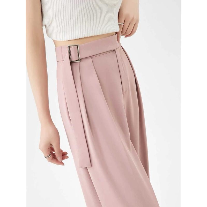 ［全新現貨］設計師感淺粉色高腰闊腿西裝褲L號 垂墜感 西裝寬褲 寬鬆顯瘦休閒正式搭配 時尚質感直筒褲-細節圖3