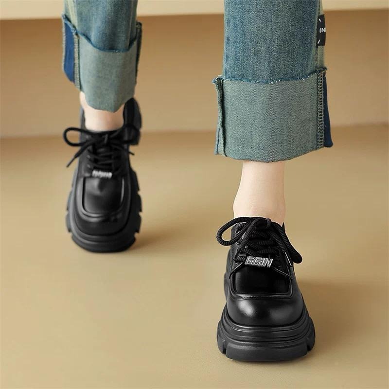 [全新］韓系時尚極簡 輕便增高厚底繫帶黑色皮鞋 鞋底真皮 39號24.5公分 NJZ-細節圖2