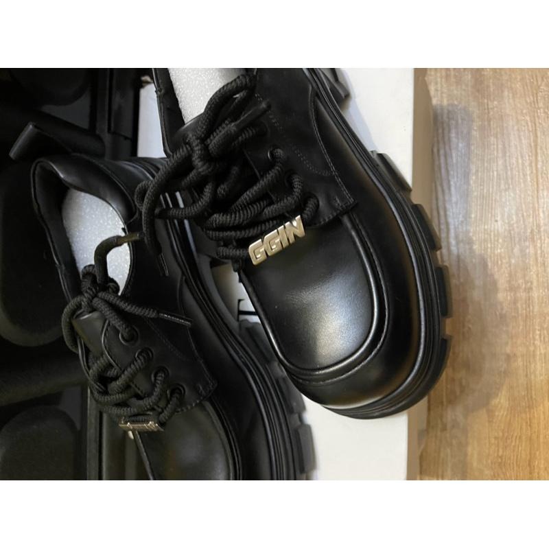 [全新］韓系時尚極簡 輕便增高厚底繫帶黑色皮鞋 鞋底真皮 39號24.5公分 NJZ-細節圖4