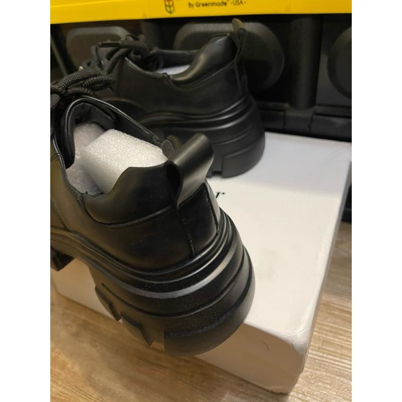 [全新］韓系時尚極簡 輕便增高厚底繫帶黑色皮鞋 鞋底真皮 39號24.5公分 NJZ-細節圖5