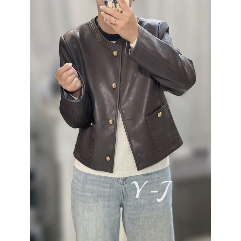 ［全新］韓系經典 深灰色 短款PU皮圓領仿羊皮皮衣外套 free size 休閒百搭顯瘦簡約 劉亦菲款-細節圖2