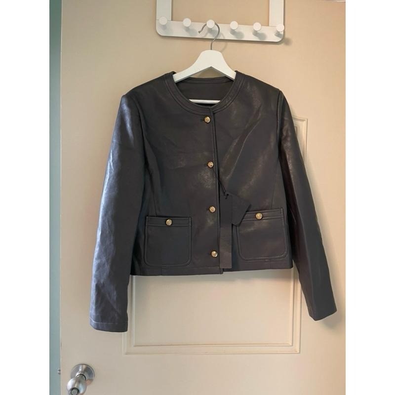 ［全新］韓系經典 深灰色 短款PU皮圓領仿羊皮皮衣外套 free size 休閒百搭顯瘦簡約 劉亦菲款-細節圖3