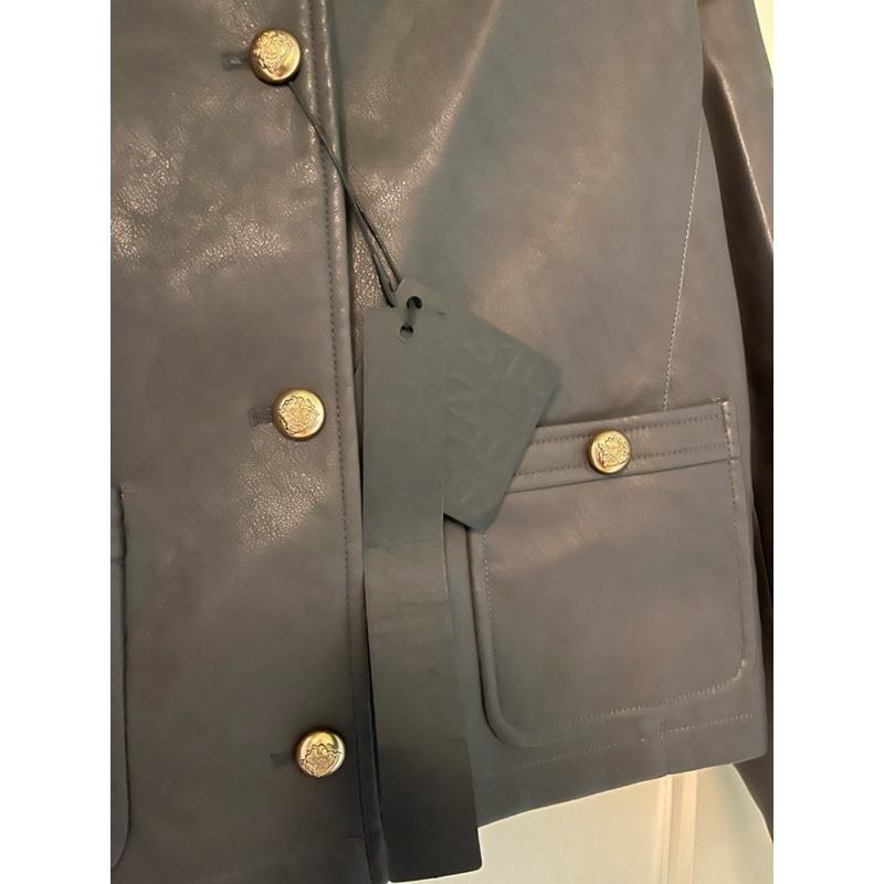 ［全新］韓系經典 深灰色 短款PU皮圓領仿羊皮皮衣外套 free size 休閒百搭顯瘦簡約 劉亦菲款-細節圖4