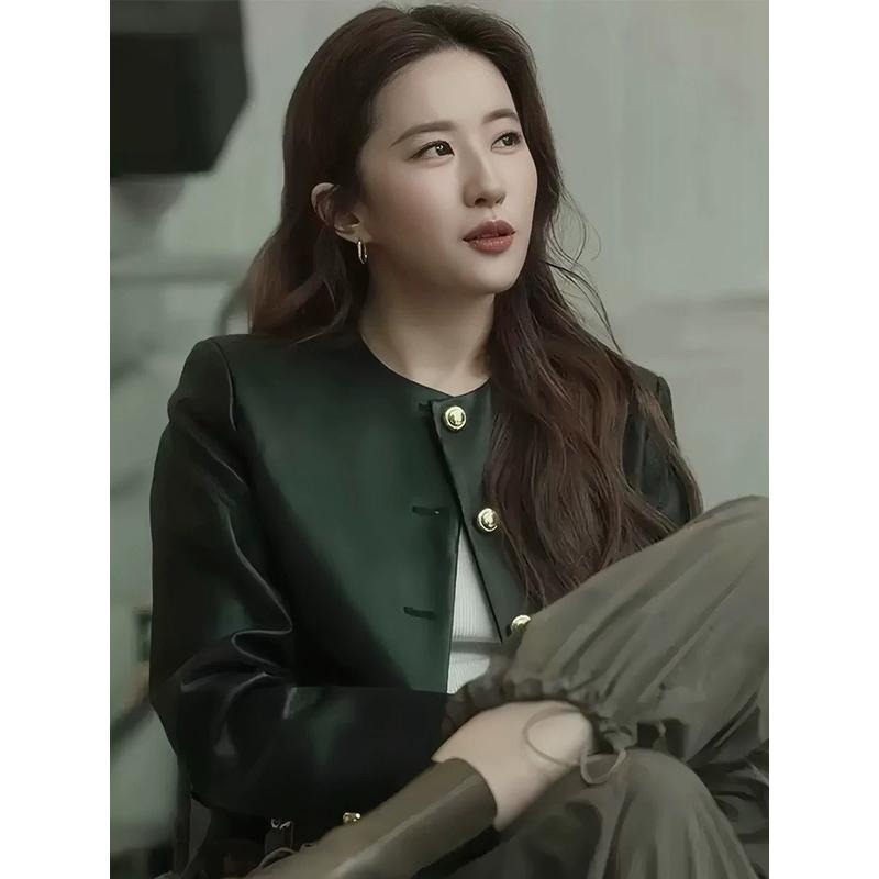 ［全新］韓系經典 深灰色 短款PU皮圓領仿羊皮皮衣外套 free size 休閒百搭顯瘦簡約 劉亦菲款-細節圖7