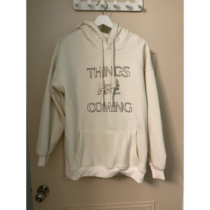 ［全新現貨］米杏色撞色字母刺繡 加絨刷絨連帽大學T 長袖連帽上衣 oversized 帽T 韓版寬鬆休閒慵懶風 NJZ-細節圖2