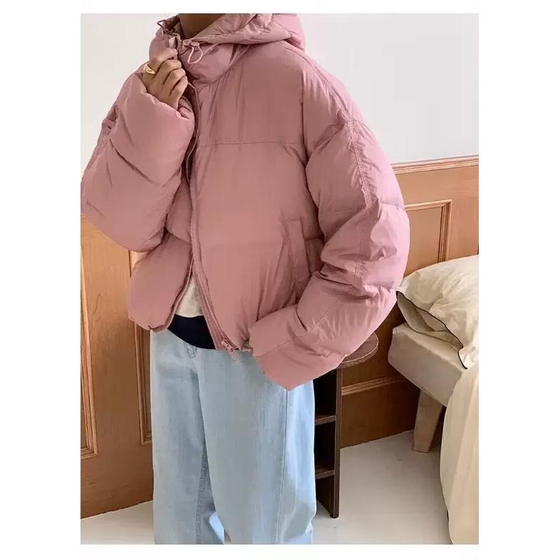 ［全新］粉色連帽羽絨外套 冬季新款短款麵包服 寬鬆可愛 m號-細節圖4