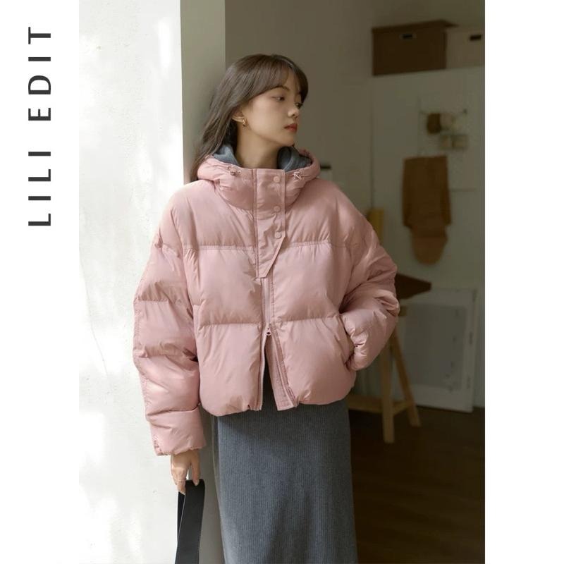 ［全新］粉色連帽羽絨外套 冬季新款短款麵包服 寬鬆可愛 m號-細節圖5