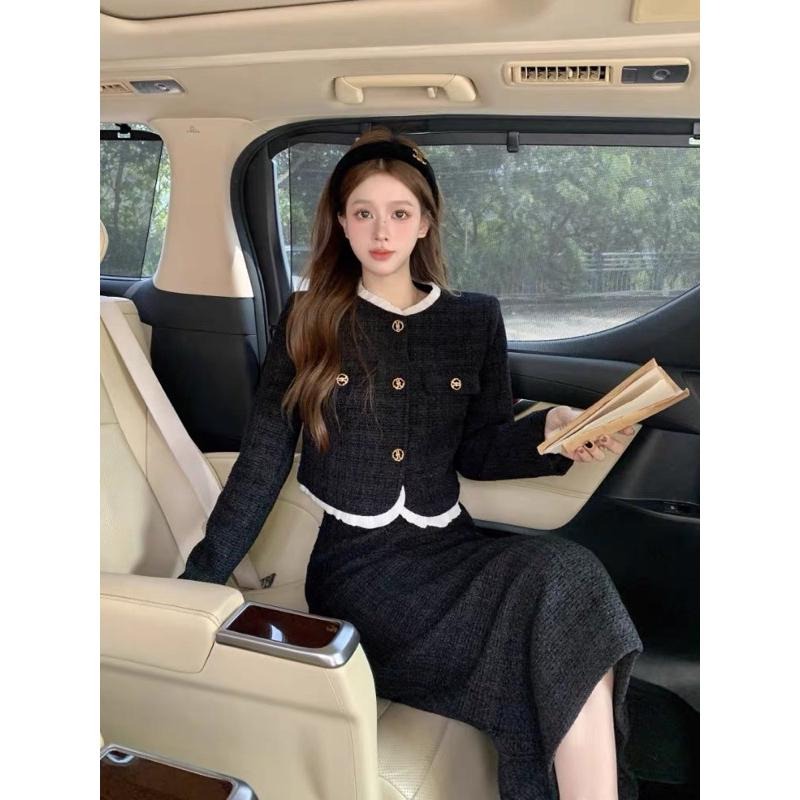 ［全新］小香風套裝四季款黑色金釦質感毛呢窄裙中長裙+毛呢小香外套兩件套裝時尚上班必備L號氣質款-細節圖2