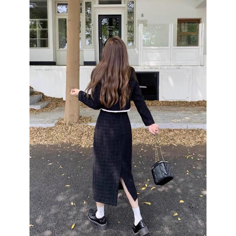 ［全新］小香風套裝四季款黑色金釦質感毛呢窄裙中長裙+毛呢小香外套兩件套裝時尚上班必備L號氣質款-細節圖3