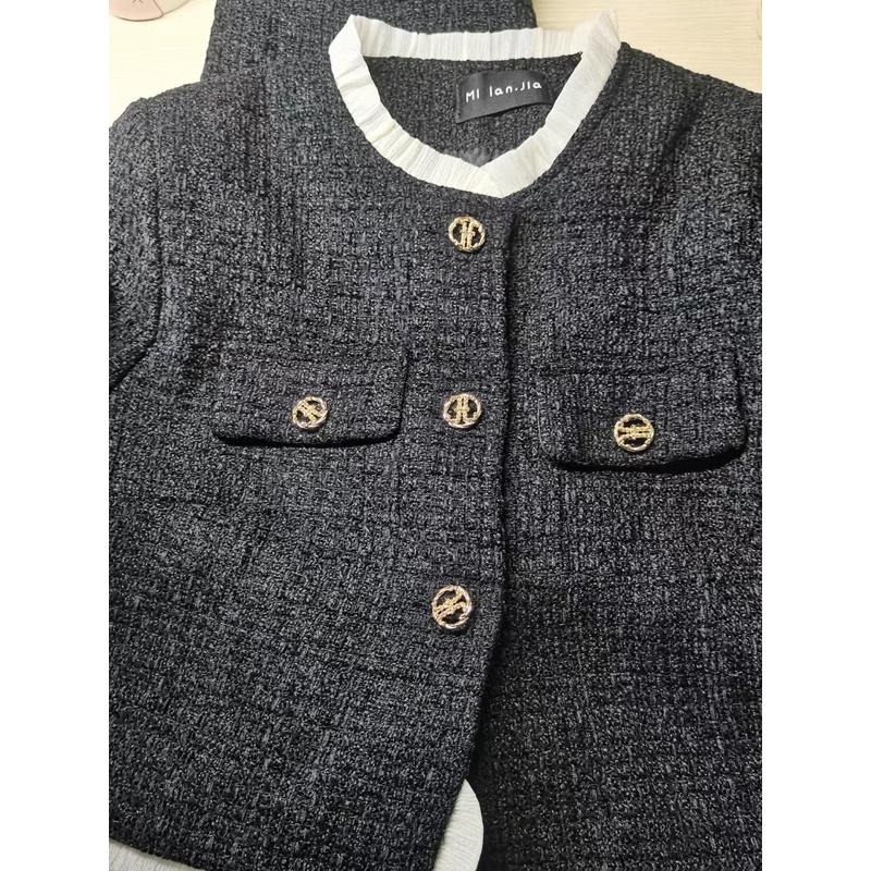 ［全新］小香風套裝四季款黑色金釦質感毛呢窄裙中長裙+毛呢小香外套兩件套裝時尚上班必備L號氣質款-細節圖4